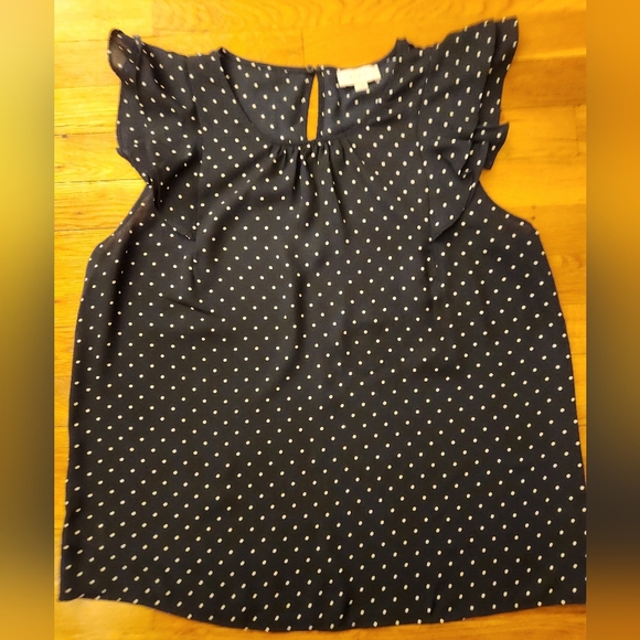 LOFT Tops - Loft Outlet Rich Dark Navy And White Polka Dot Ruffled Cap Sleeve Blouse Size L